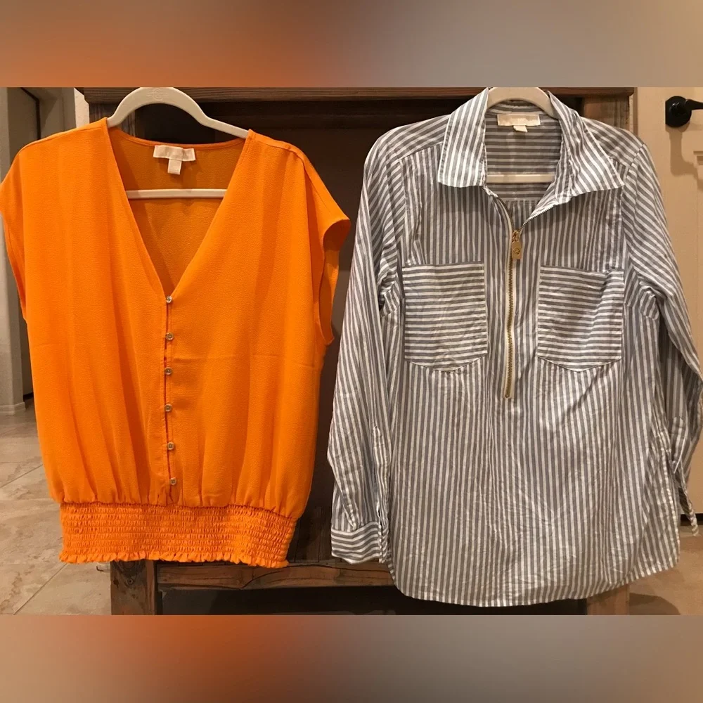 *Michael Kors* Shirt Bundle Orange Button-Down Blouse & Striped Shirt (Size L) - Picture 2 of 12